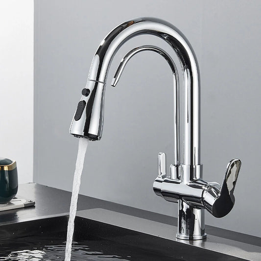 Modern Mono Kitchen Sink Mixer Taps 360° Pull Out Spray Spout Twin Lever 3 Way