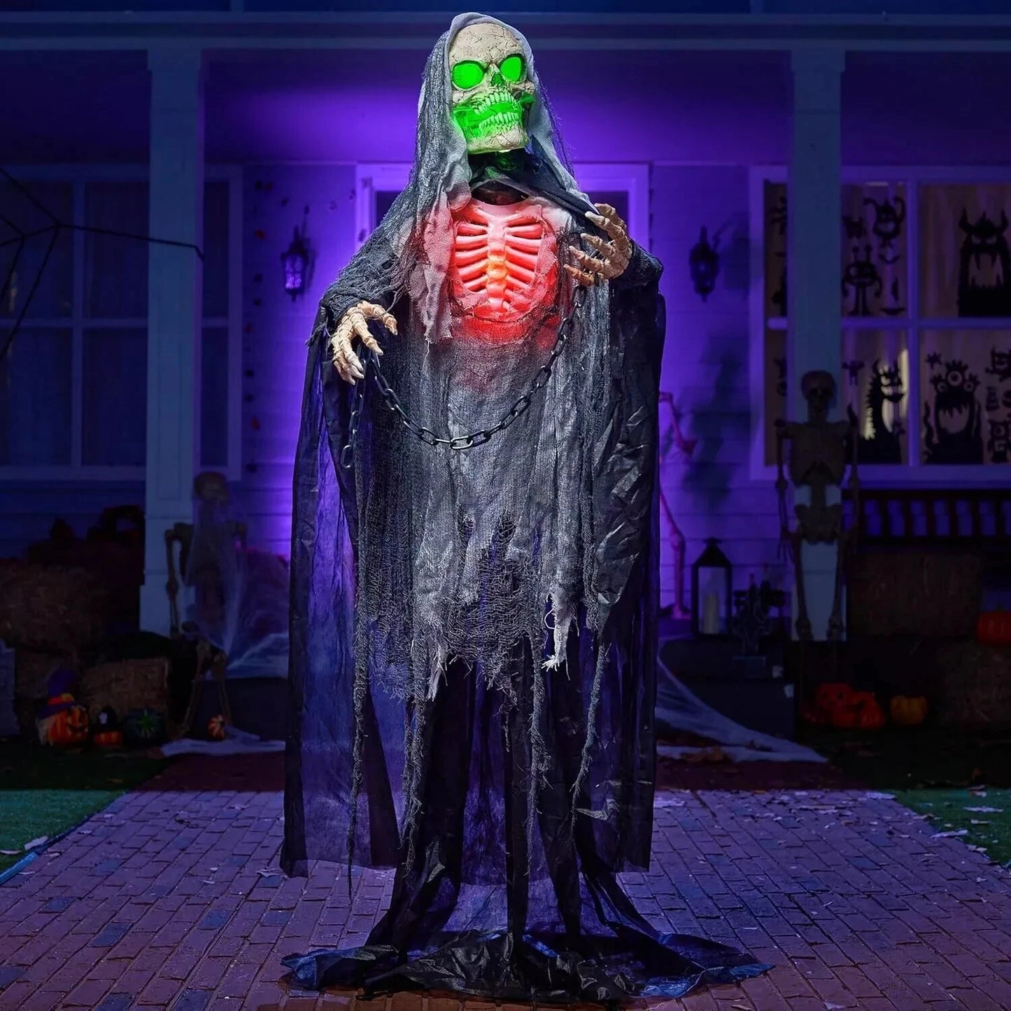 65" Halloween Animatronics Standing Grim Reaper Decoration with Breastbone, Life