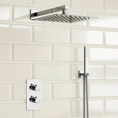 Modern Concealed Square Shower Brass Valve Mixer Twin Head Shower Set Chrome