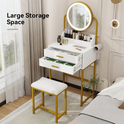 Modern Vanity Dressing Table LED Light Mirror Stool Shelves 2 Drawers Compact