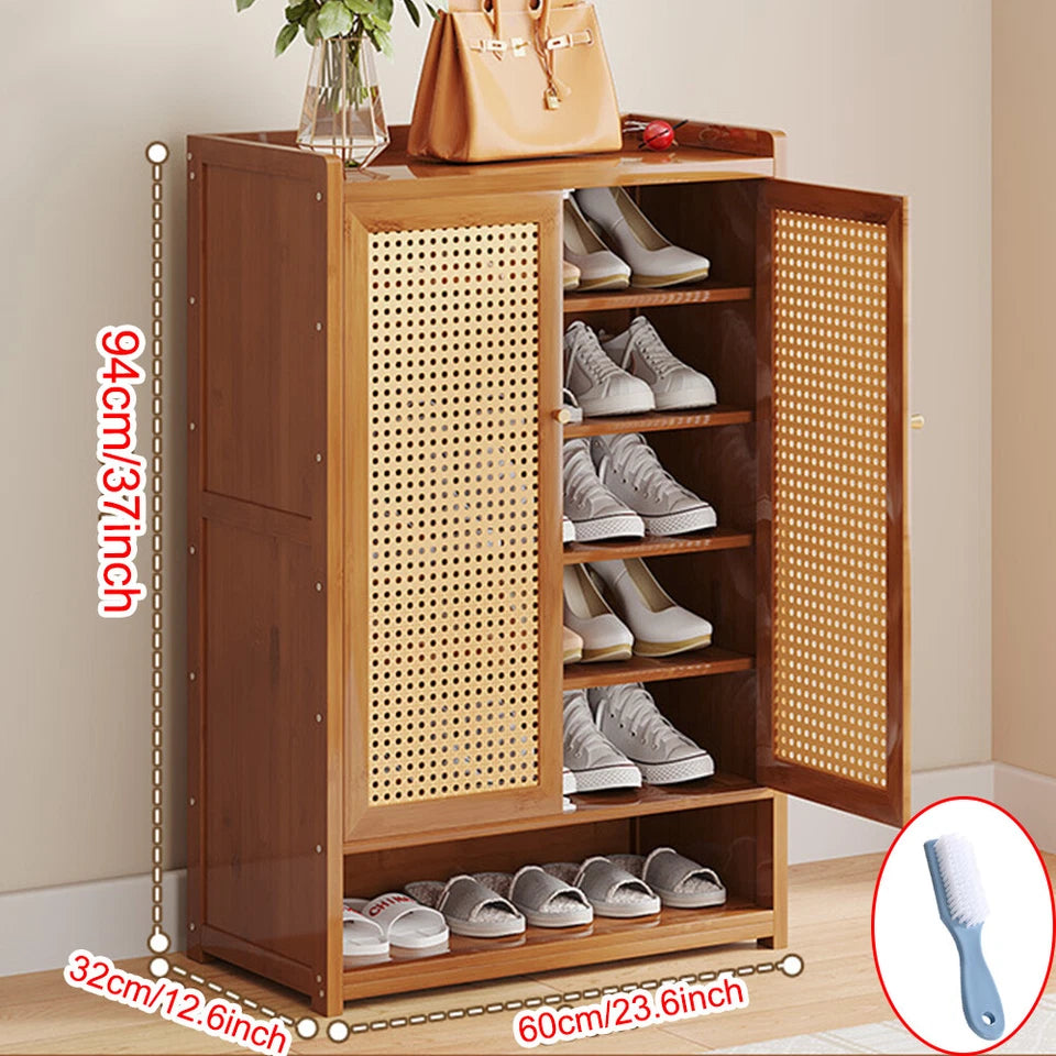 Shoe Cabinet Storage Cupboard Footwear Stand Rack Wooden Double Rattan Doors