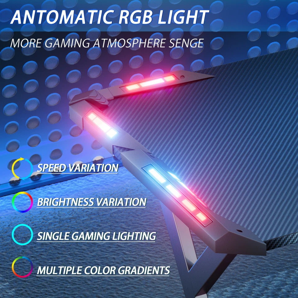 Gaming Desk LED RGB Computer Table Workstation w/ Cup Holder & Headphone Hook