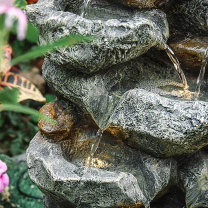 Solar Powered Cascading Stones Fountain LED Water Feature Garden Statues Pump