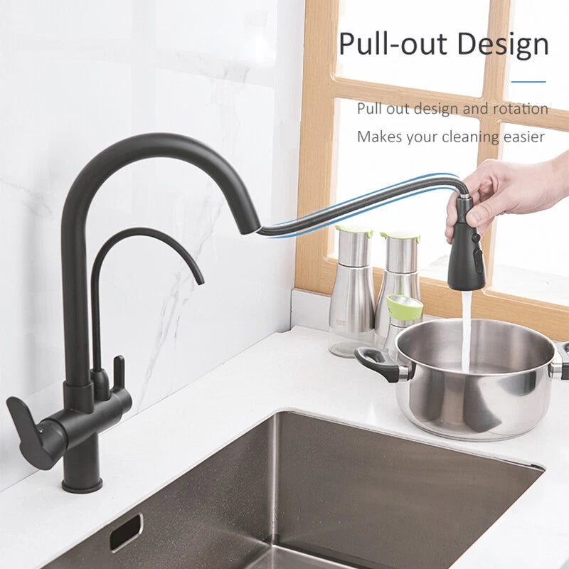 Modern Mono Kitchen Sink Mixer Taps 360° Pull Out Spray Spout Twin Lever 3 Way