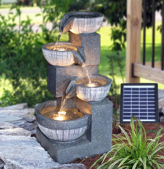 Solar Garden Water Feature Fountain Deco- ration 4 Tier Bowl LED Outdoor Indoor
