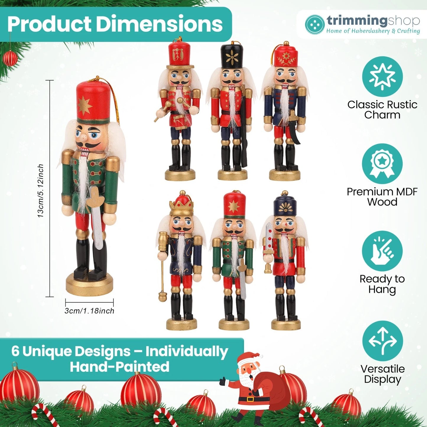 6 Pcs Nutcracker Soldiers Wooden Christmas Tree Decorations Xmas Hanging Decor