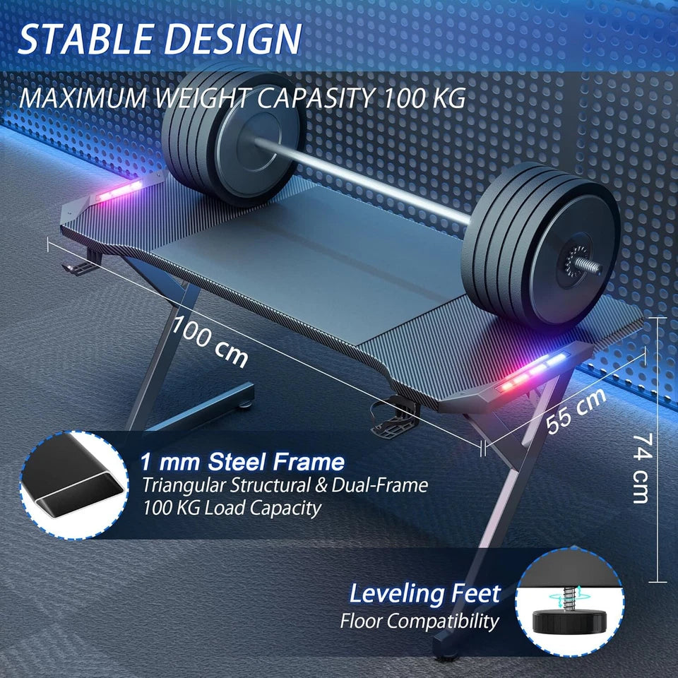 Gaming Desk LED RGB Computer Table Workstation w/ Cup Holder & Headphone Hook