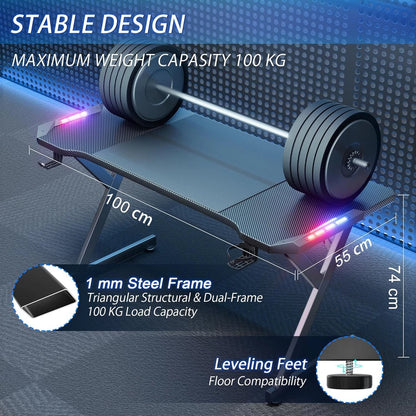 Gaming Desk LED RGB Computer Table Workstation w/ Cup Holder & Headphone Hook