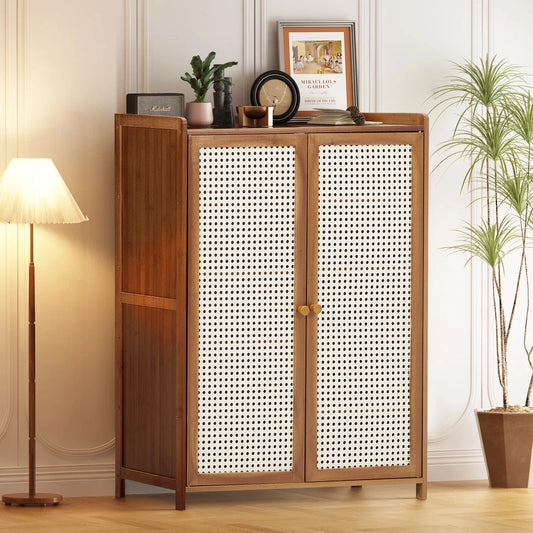 Shoe Cabinet Storage Cupboard Footwear Stand Rack Wooden Double Rattan Doors UK