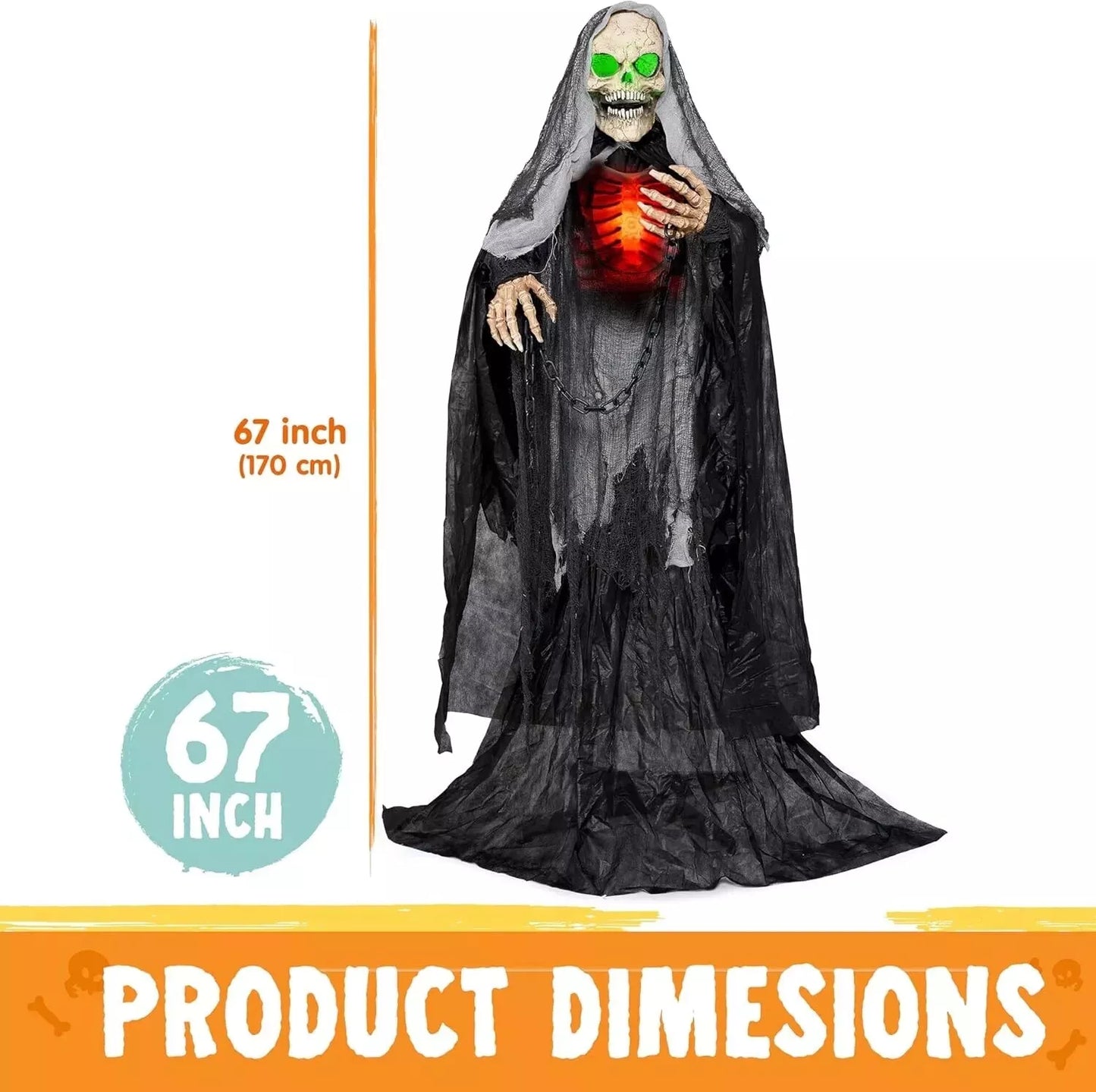 65" Halloween Animatronics Standing Grim Reaper Decoration with Breastbone, Life