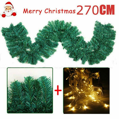 9ft Bushy Pine XMAS Christmas Garland with Lights for Stairs Outdoor Decorations