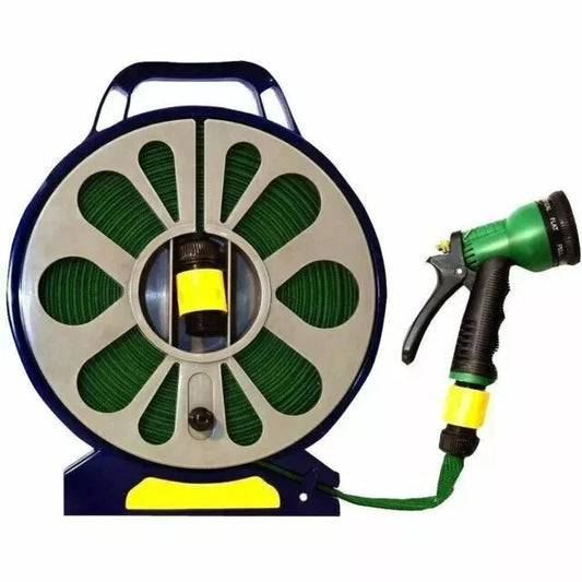 50 Feet/15 Meter Flat Hose Pipe Reel With Water Nozzle Gun Spray Garden Watering
