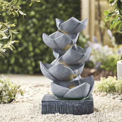 Water Feature Lotus Cascading Fountain With Solar LED Light Outdoor Garden Decor