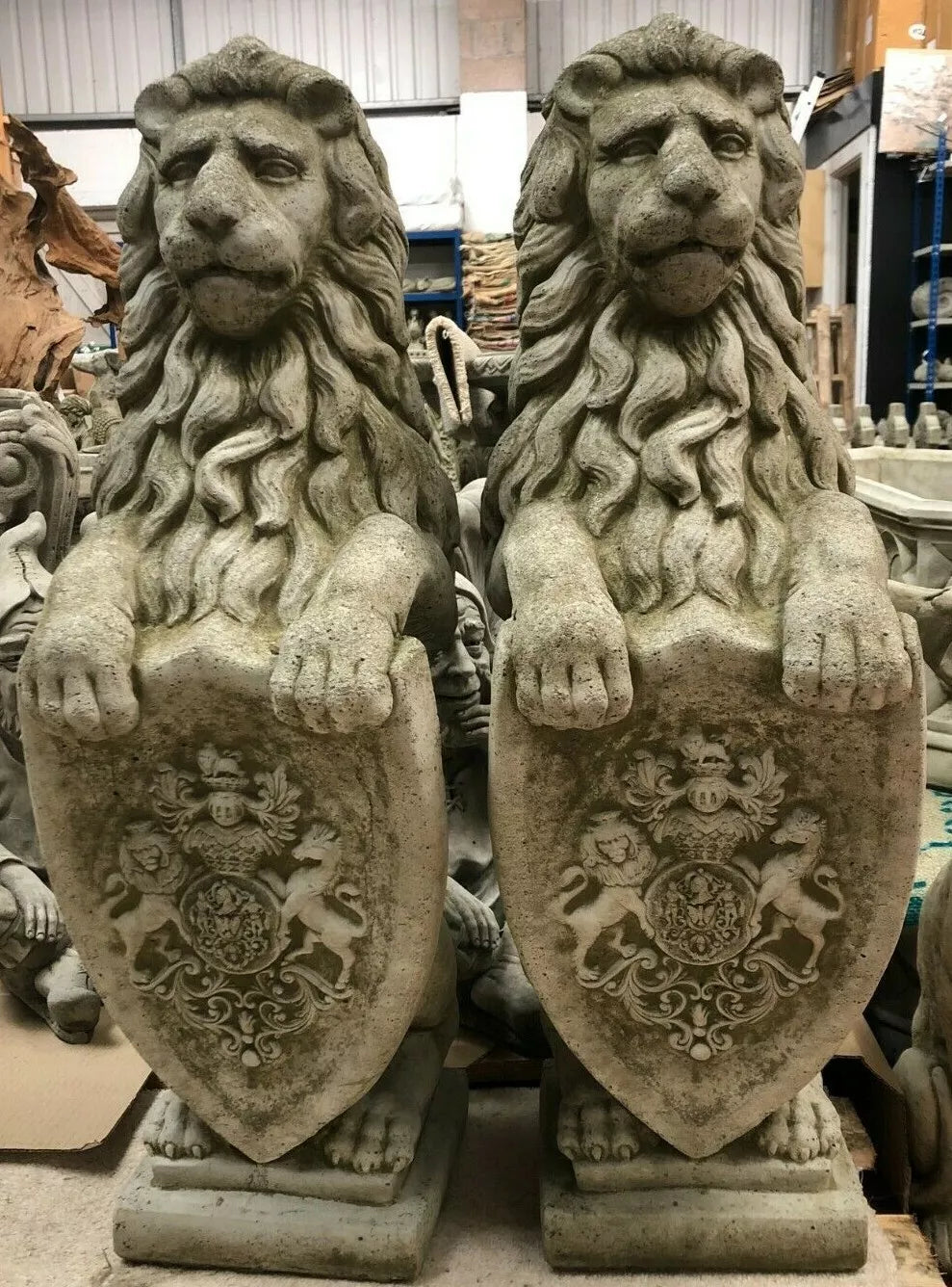 Pair Armorial Lion Statues | Reconstituted Stone Animal Concrete Garden Ornament