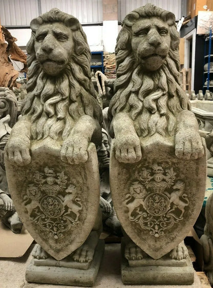 Pair Armorial Lion Statues | Reconstituted Stone Animal Concrete Garden Ornament