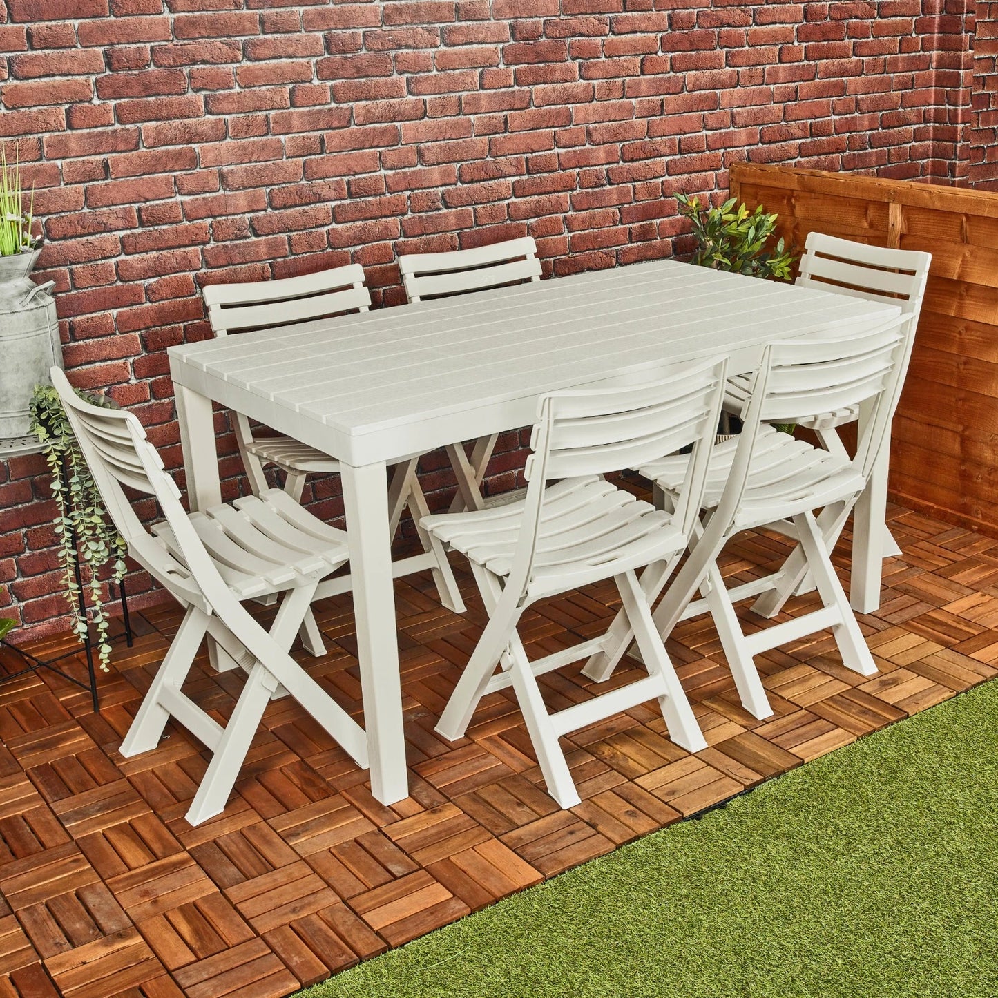 White Garden Plastic Patio Dining Large Table & Folding Chairs Outdoor Furniture