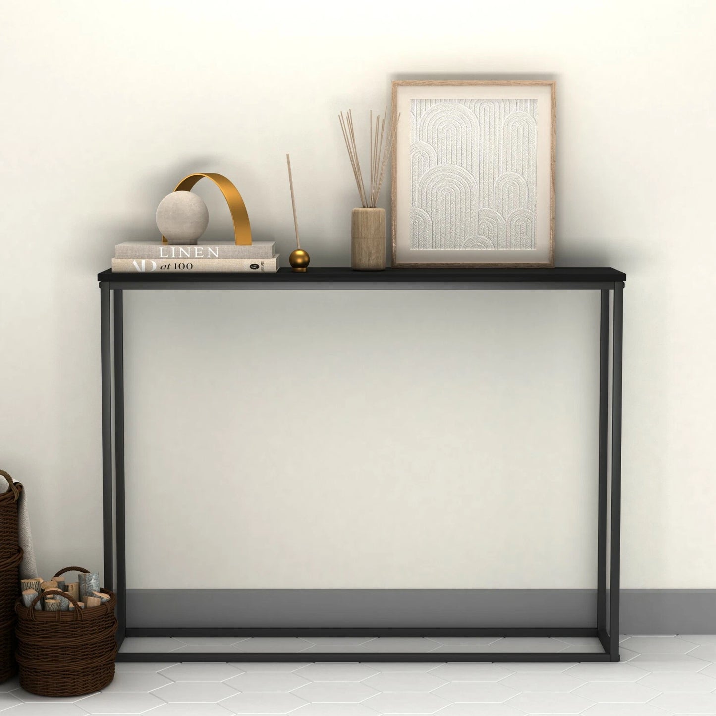 Wooden Free Standing Hallway Console Table Living Room Shelf Display Metal Legs