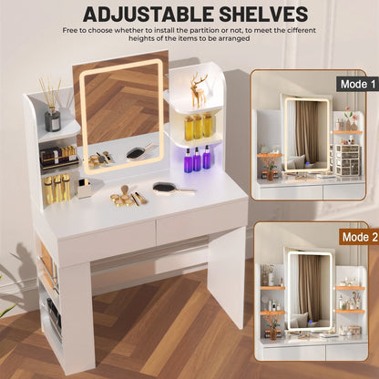 Dressing Table Makeup Desk Vanity Desk With 2 Drawers & LED Mirror & 4 Shelves