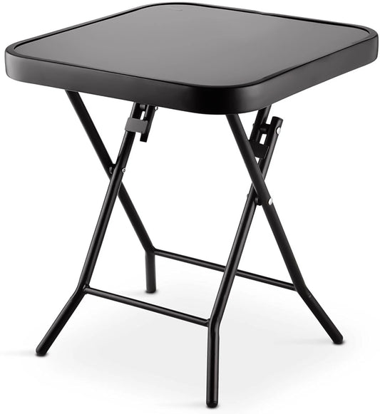 Garden Furniture Glass Top Side Table Patio Rattan Foldable Drinks Coffee Black