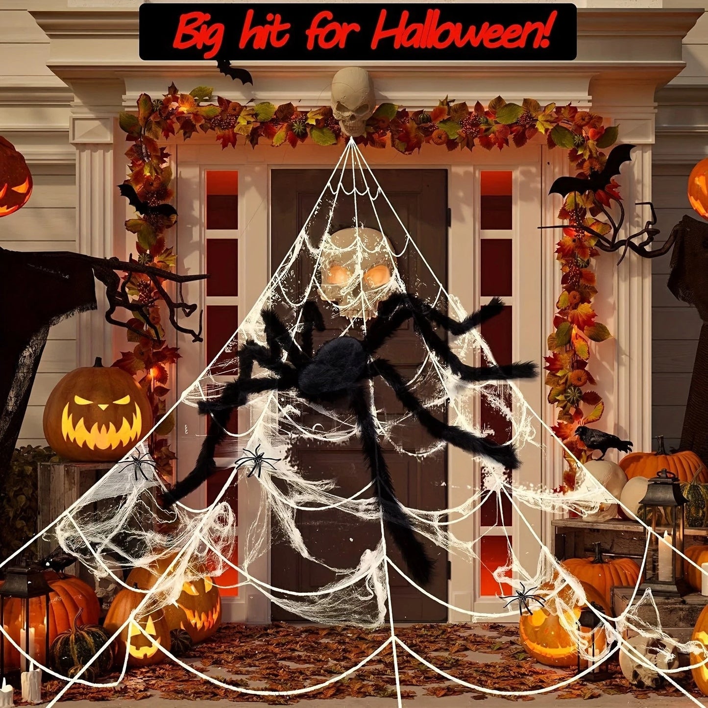 2M Big Spider+5M Web Set Halloween Haunted House Prop Indoor Outdoor Home Decor