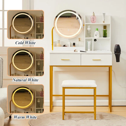 Dressing Table Round Mirror LED Lights Stool Vanity Table Makeup Desk Gold Leg