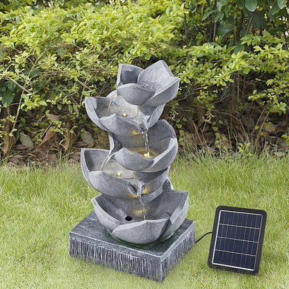 Water Feature Lotus Cascading Fountain With Solar LED Light Outdoor Garden Decor