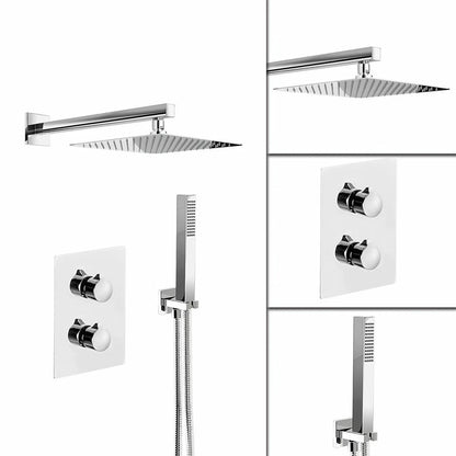 Modern Concealed Square Shower Brass Valve Mixer Twin Head Shower Set Chrome