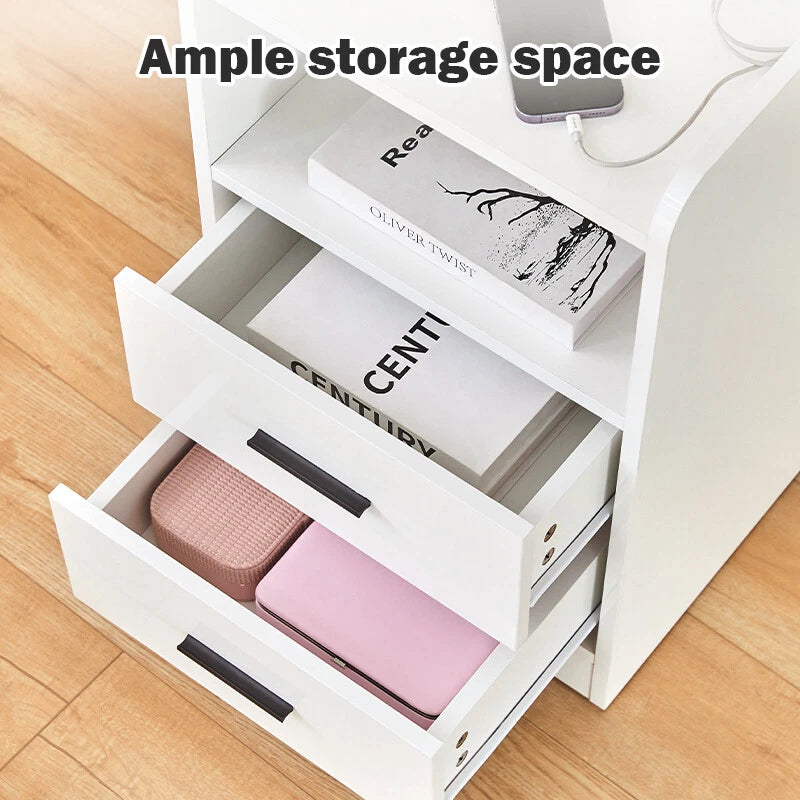 LED Light Bedside Table Nightstand High Gloss 2 Drawers USB Port Power Plug