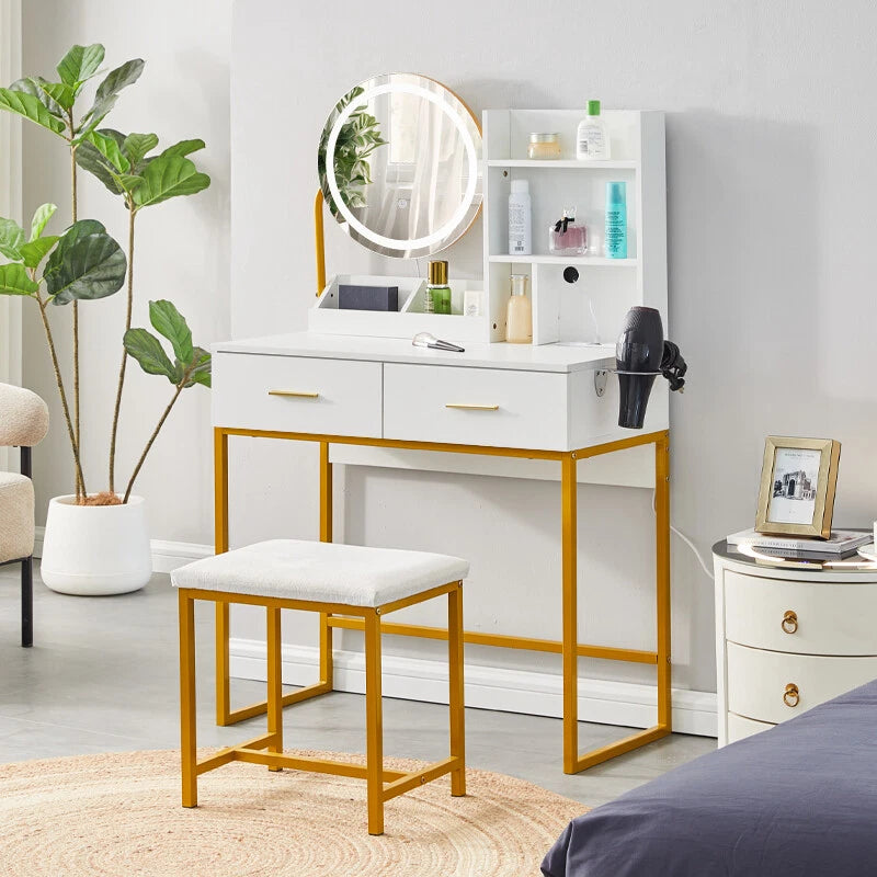 Dressing Table Round Mirror LED Lights Stool Vanity Table Makeup Desk Gold Leg