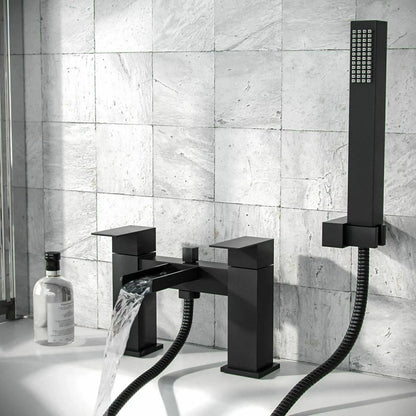 Bathroom Modern Waterfall Black Basin Sink Mono Square Mixer Tap Filler Waste