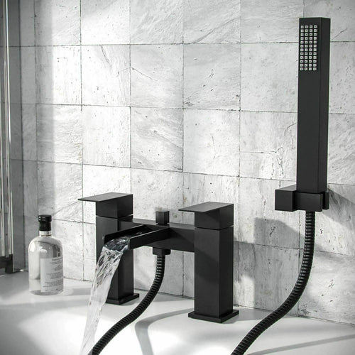 Bathroom Modern Waterfall Black Basin Sink Mono Square Mixer Tap Filler Waste
