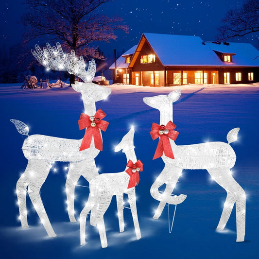 Set of 3 Light Up Reindeer Family Outdoor Christmas Decoration White Wire LED
