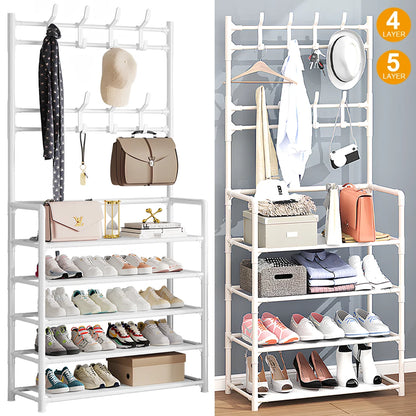 8 Hooks Coat and Hat Stand Metal + Plastic Shoe Rack Bedroom Shelf Hanger