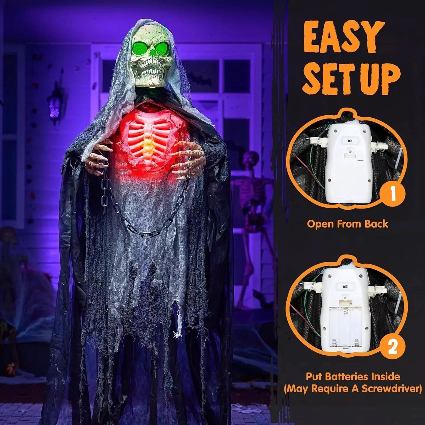 65" Halloween Animatronics Standing Grim Reaper Decoration with Breastbone, Life