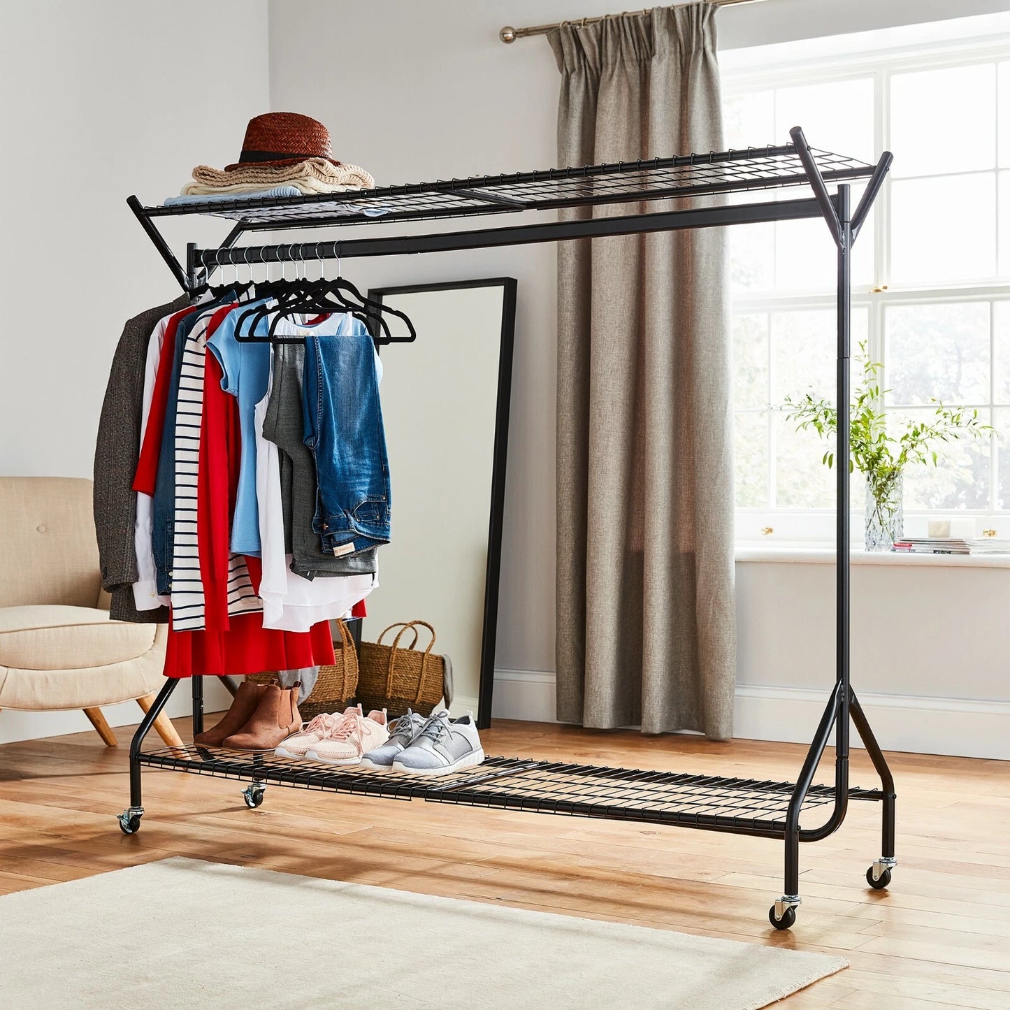 Clothing Rail Heavy Duty 6ft 5ft 4ft Hanging Clothes Shoe Hat Rack Shelf Wheels