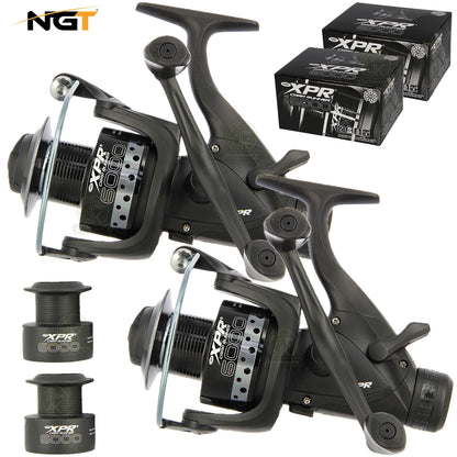 2x NGT XPR 6000 Carp Fishing Bait Runner Reels Twin Handle 10BB + Spare Spools