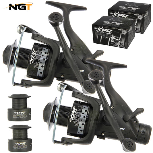 2x NGT XPR 6000 Carp Fishing Bait Runner Reels Twin Handle 10BB + Spare Spools