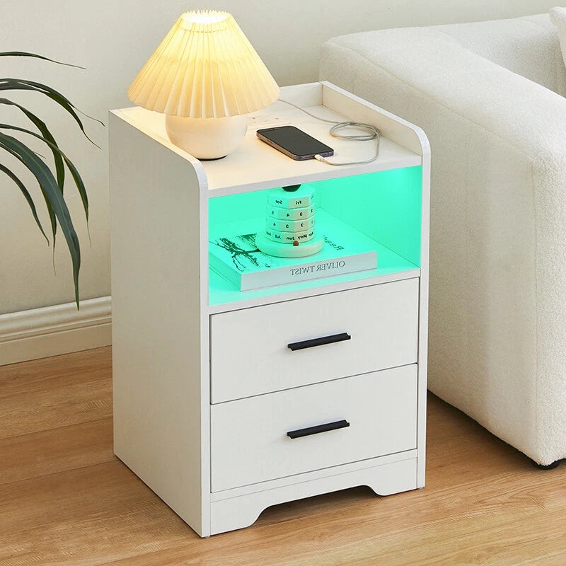 LED Light Bedside Table Nightstand High Gloss 2 Drawers USB Port Power Plug