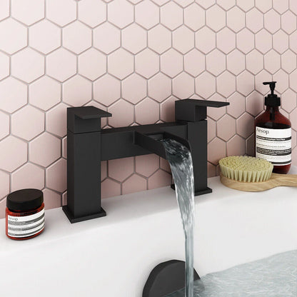 Bathroom Modern Waterfall Black Basin Sink Mono Square Mixer Tap Filler Waste