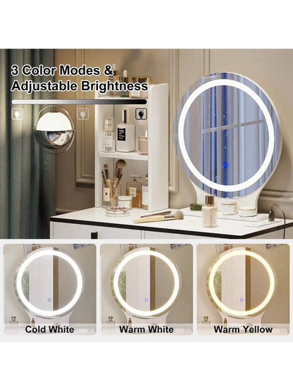 Dressing Table With Mirror Stool, Vanity Table Set With 3 Color Detachable LED