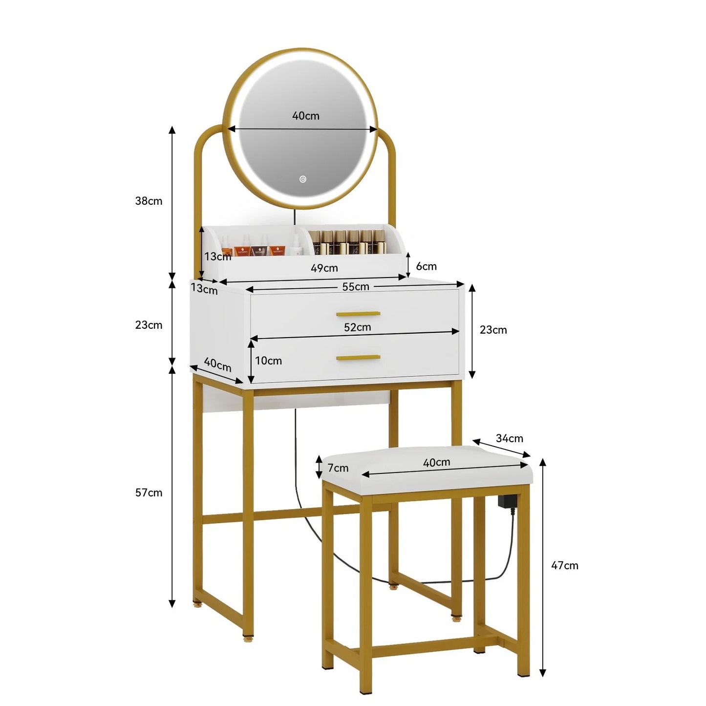 Modern Vanity Dressing Table LED Light Mirror Stool Shelves 2 Drawers Compact