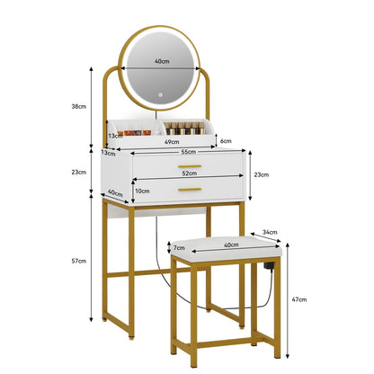 Modern Vanity Dressing Table LED Light Mirror Stool Shelves 2 Drawers Compact