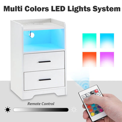 LED Light Bedside Table Nightstand High Gloss 2 Drawers USB Port Power Plug