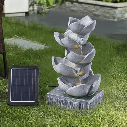 Water Feature Lotus Cascading Fountain With Solar LED Light Outdoor Garden Decor
