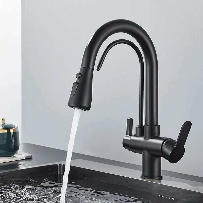 Modern Mono Kitchen Sink Mixer Taps 360° Pull Out Spray Spout Twin Lever 3 Way