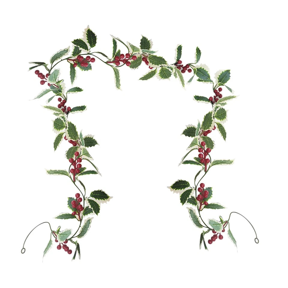 2M Christmas Garland Holly Leaf Red Berries Winter Fireplace Hanging Party Decor